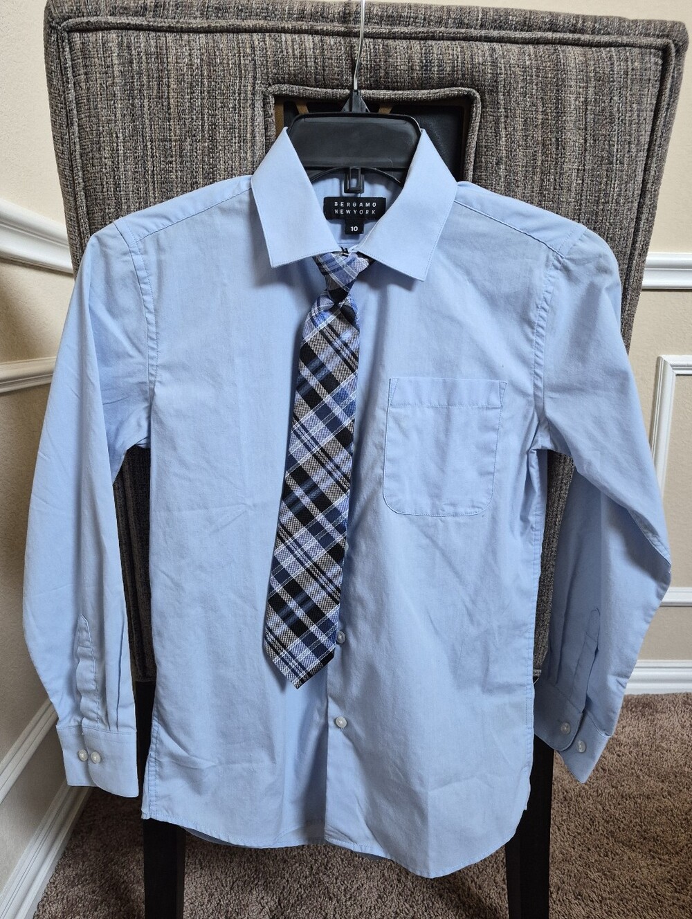 Boys' Light Blue Button-Down Dress Shirt with Plaid Tie - Bergamo New York